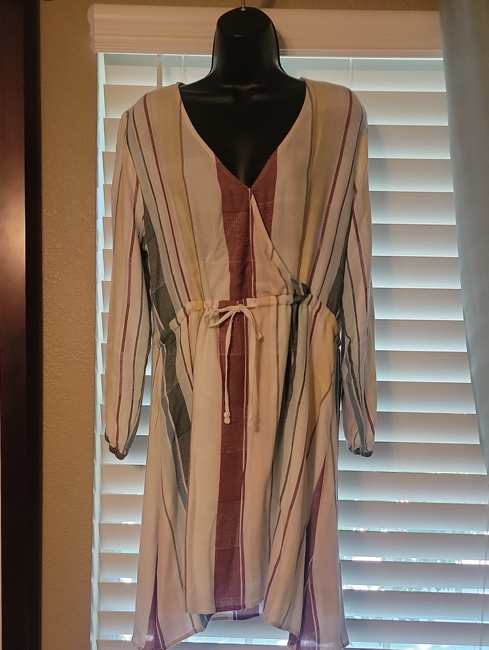 Striped V-Neck Tie-Waist Dress in Cream and Multi-Stripe